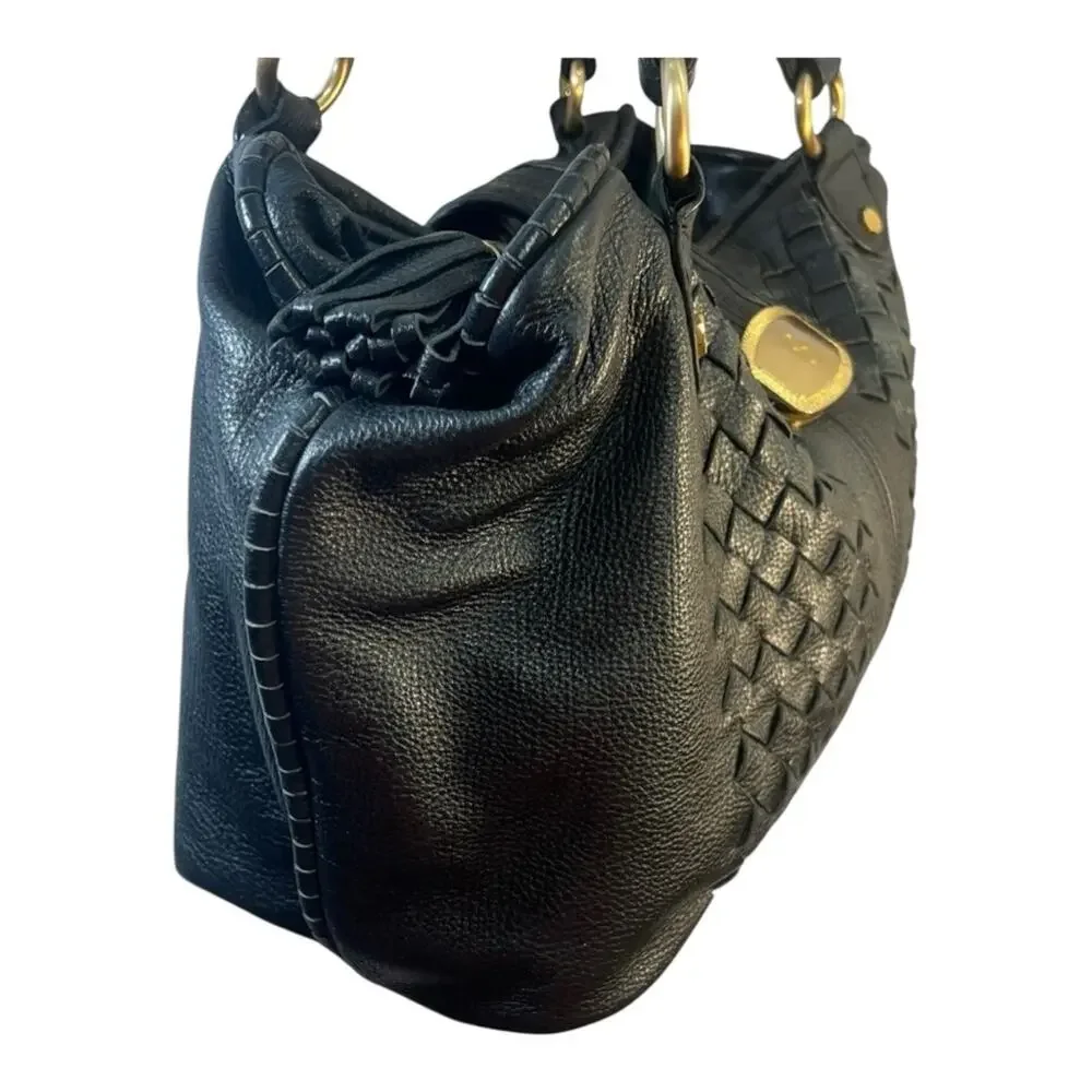 BILL BLASS Vintage Black Woven Leather Satchel or Shoulder Hobo Bag